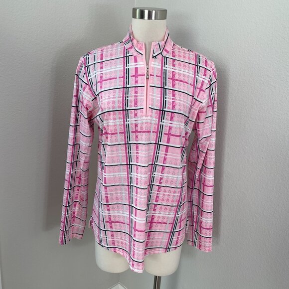 SanSoleil Womens Large Plaid Long Sleeve 1/4 Zip Golf Sun Shirt UV 50+ Cooling - Picture 1 of 10